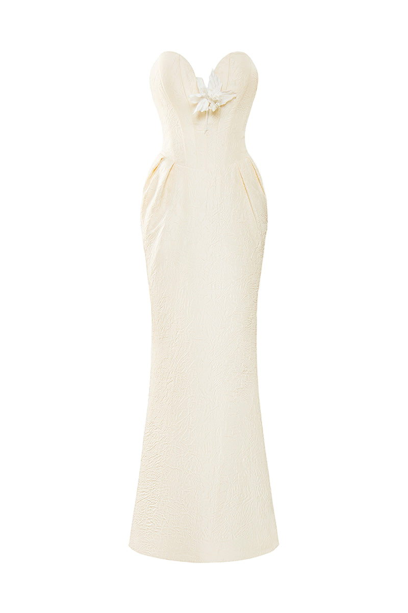 EVANGELINE STRAPLESS JACQUARD GOWN WITH CAPE