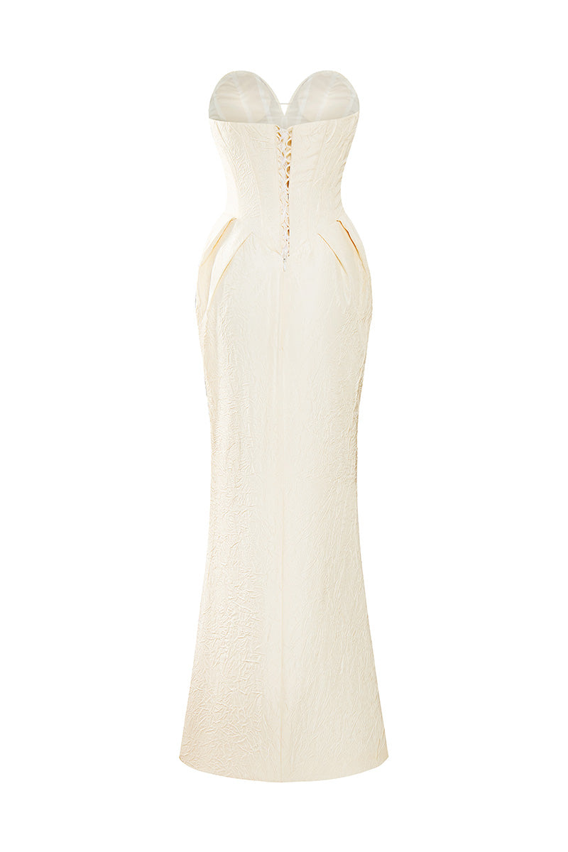 EVANGELINE STRAPLESS JACQUARD GOWN WITH CAPE | CULT MIA EVANGELINE STRAPLESS JACQUARD GOWN WITH CAPE | CULT MIA