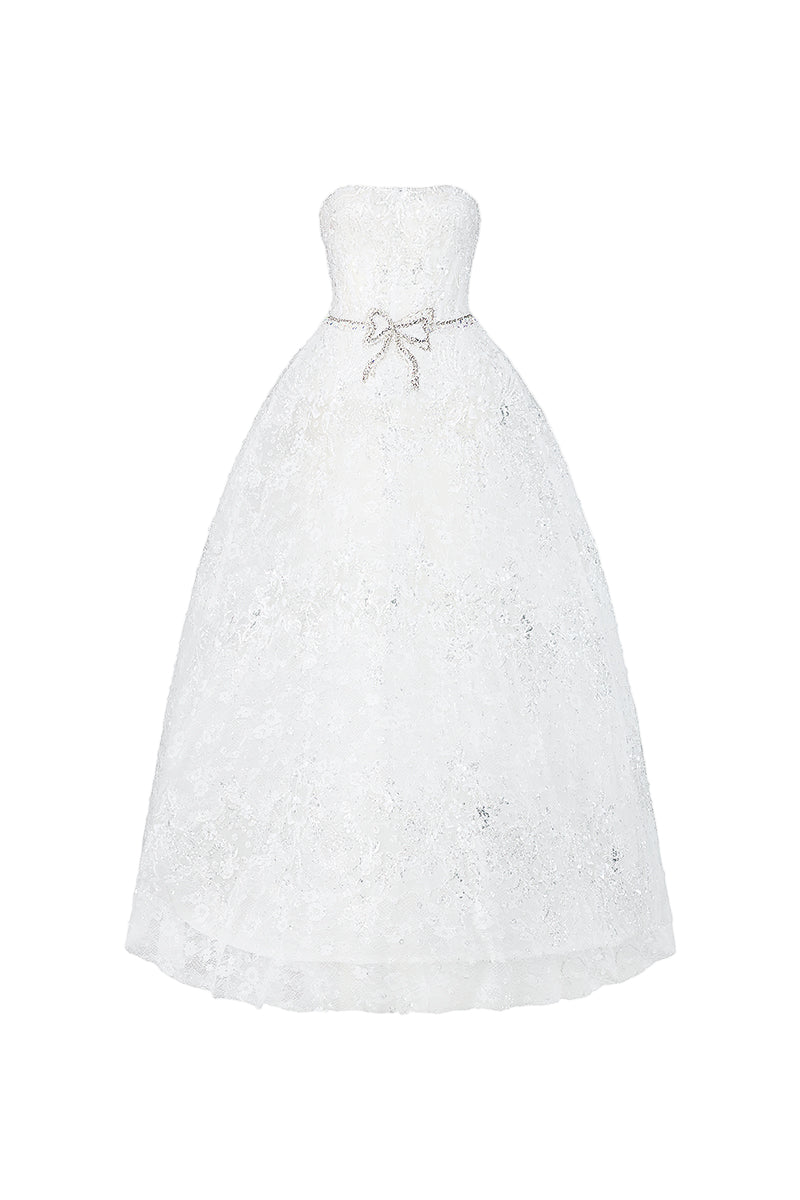 STRAPLESS FLORAL LACE A-LINE GOWN WITH BOW ACCENT