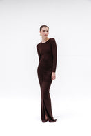 Studio NK Azalea brown bodysuit, a stylish and fitted top with long sleeves and scoop neckline, displayed on a mannequin.