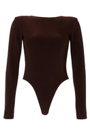 Studio NK Azalea brown bodysuit, a form-fitting top with long sleeves and scoop neckline, displayed on a hanger.