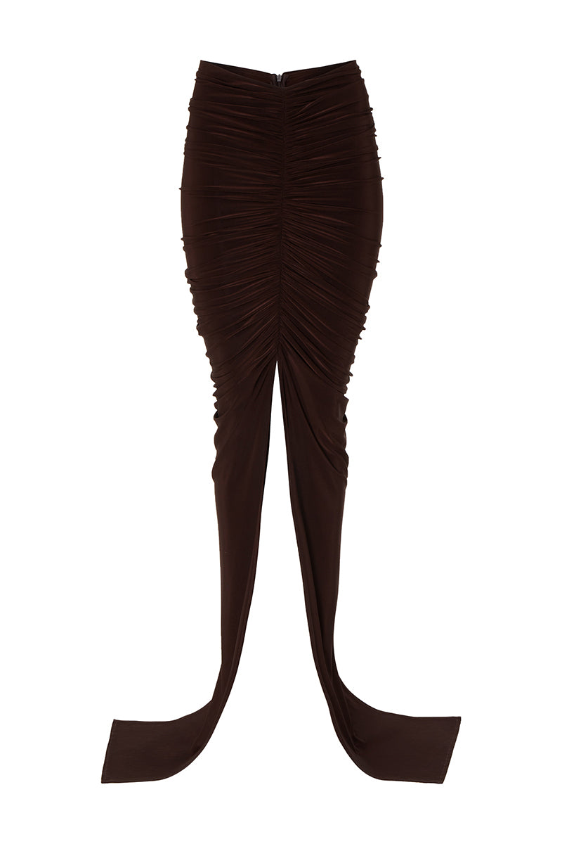 Brown Studio NK Azalea maxi skirt with flowy fabric and waistband, styled for a casual or dressy look.