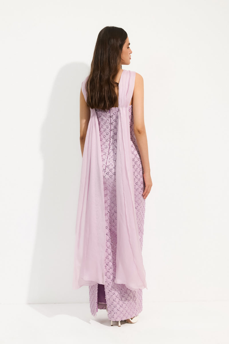 Urban Muse Azarine maxi dress in soft lilac with flowy fabric and elegant design, perfect for stylish summer or special occasions.