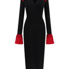 Black and red V-neck flared cuff knee-length midi dress by I.H.F Studio, featuring a stylish V-neck design and flared cuffs.