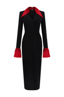 Black and red V-neck flared cuff knee-length midi dress by I.H.F Studio, featuring a stylish V-neck design and flared cuffs.
