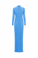 Ice blue Aborigen maxi dress by Maylé Vásquez, flowing fabric with intricate patterns, perfect for elegant summer wear.