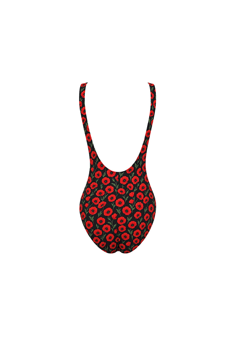 Reversible black and poppy one-piece swimsuit by Verdelimon, shown from the back with stylish design and comfortable fit.