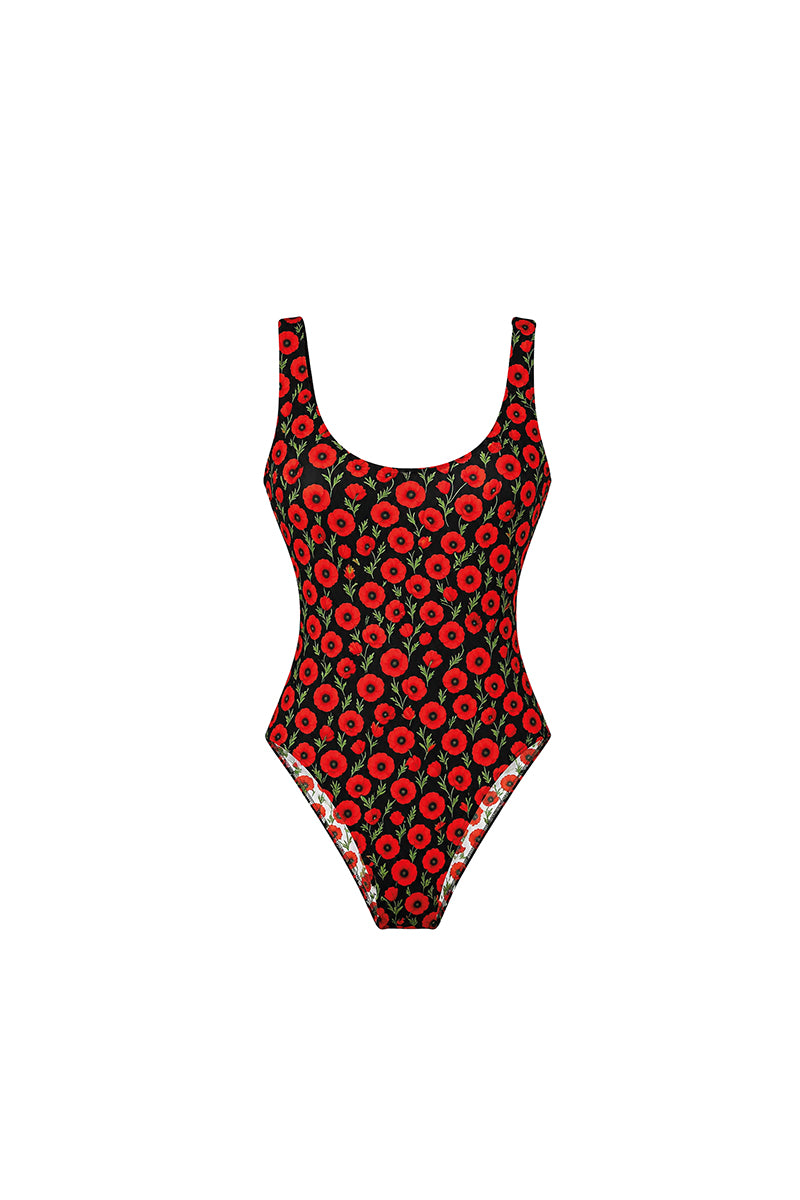 Reversible black and poppy red Verdelimon Acacia one-piece swimsuit with a sleek front view.