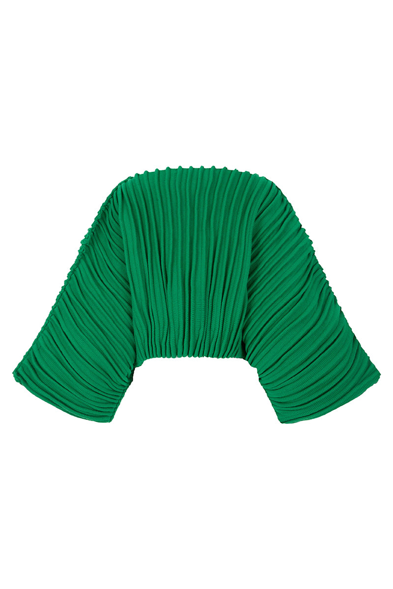 Maz Manuela Álvarez accordion snail sweater in Milano green featuring textured, ribbed knit pattern and cozy fit.