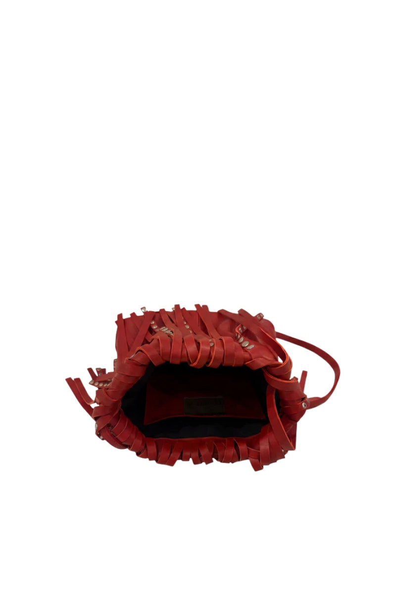 Red ADA leather shoulder bag by Double A, featuring a sleek design and adjustable strap, perfect for everyday use.
