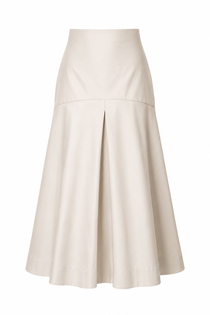 ANA + MARIA ADA sand-colored midi skirt displayed on a ghost mannequin, showcasing its elegant, flowing design and midi length.
