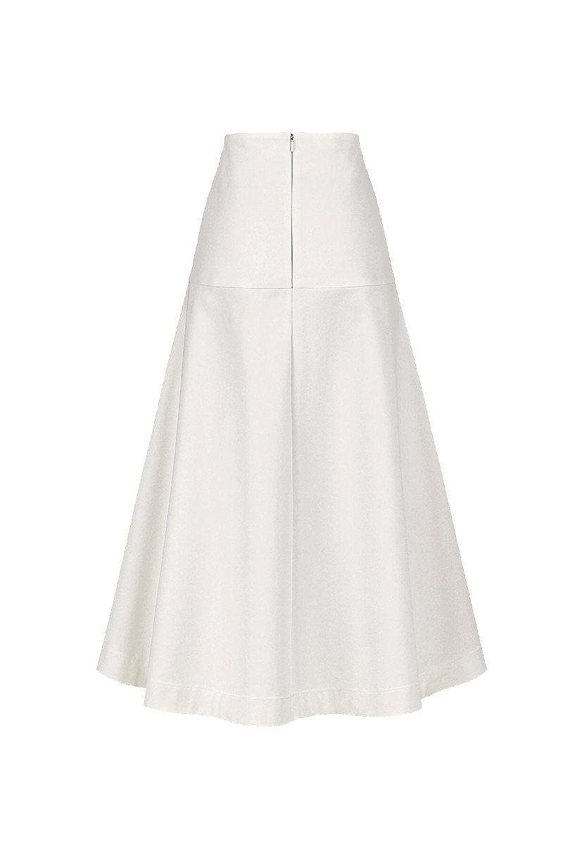 Ivory ADA midi skirt by ANA + MARIA, shown in a ghostly photo on a model, featuring a flowy, elegant design.