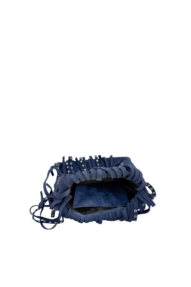 Blue ADA suede shoulder bag by Double A, showing a stylish suede handbag with a sleek strap and minimalist design.