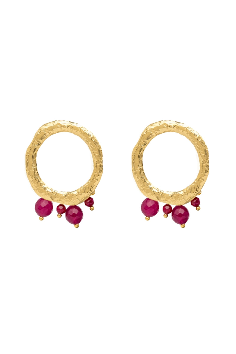 LAVANI JEWELS Adara fuchsia earrings with gold-tone finish, featuring dangling design and vibrant pink color.