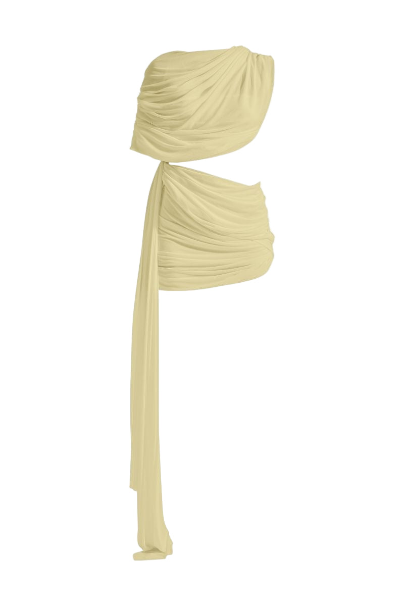 Deme by Gabriella Adelina yellow mini dress featuring a fitted silhouette and short sleeves, displayed on a hanger.