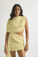 Deme By Gabriella Adelina yellow mini dress with short sleeves and fitted silhouette, styled for a casual summer look.