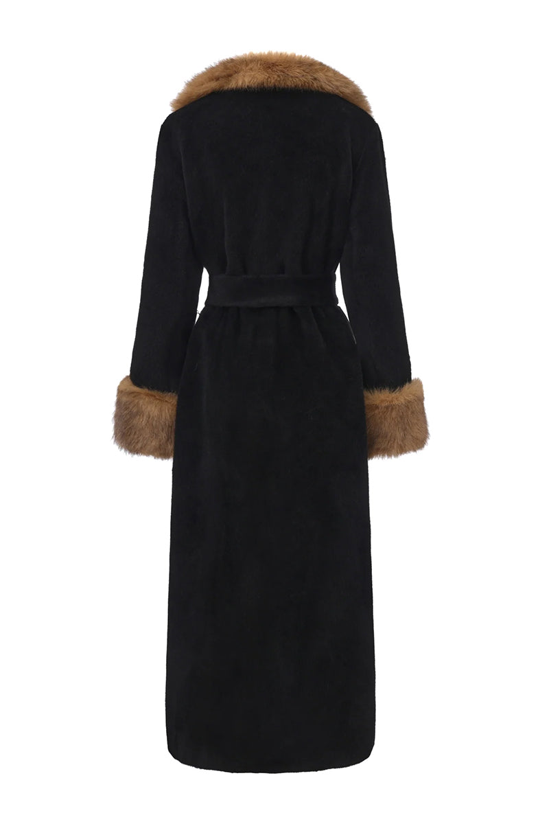 Back view of Nana Jacqueline Adriana faux fur coat in black and brown, featuring plush texture and stylish design.