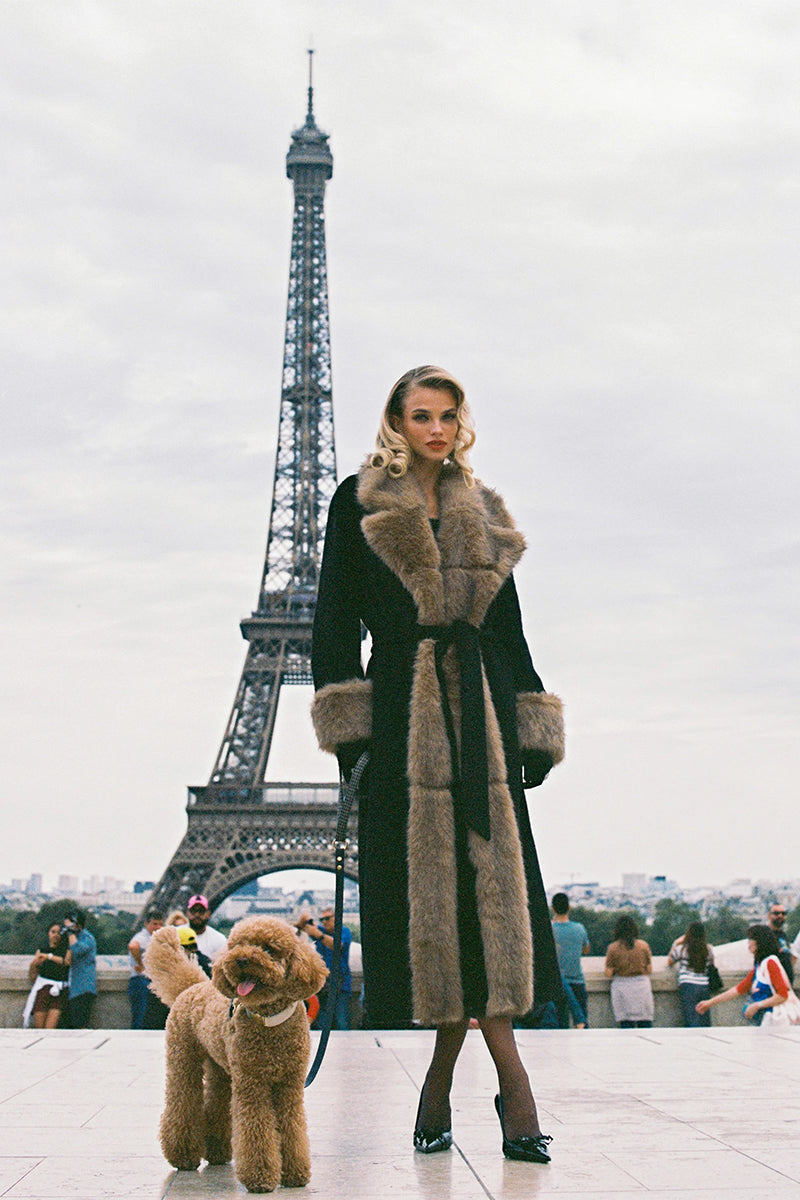 Nana Jacqueline Adriana faux fur coat in black and brown, stylish and plush with a luxurious texture, shown on a model.