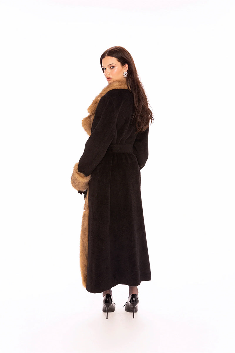 Nana Jacqueline Adriana faux fur coat in black and brown, stylish and plush, displayed on a model with a cozy, luxurious look.