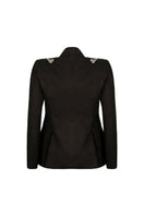 Black beaded blazer by Nadya Shah displayed on a mannequin, featuring intricate beadwork and classic blazer design.