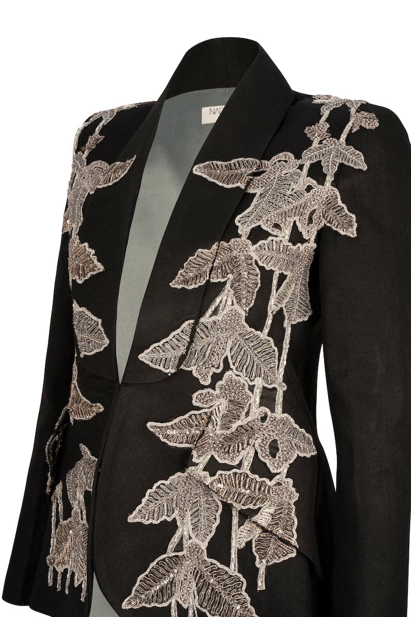 Nadya Shah Agnes black beaded blazer displayed on a mannequin, featuring intricate beadwork and tailored fit.