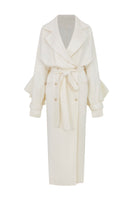Cream white AILE coat by POEM, stylishly displayed on a hanger with a modern, minimalist background.