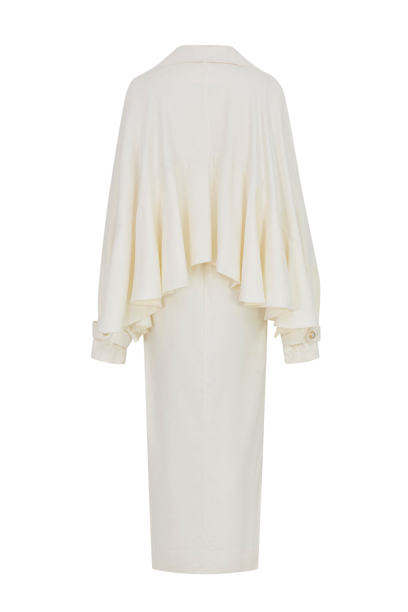 Cream white POEM AILE coat displayed on a hanger with a structured design and soft fabric, showcasing its stylish silhouette.