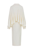 Cream white Aile coat by POEM, stylish outerwear with a cozy fit, shown hanging against a neutral background.