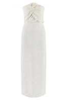 Labeca Alaia white linen twist maxi dress hanging on a mannequin, showcasing elegant summer dress with twisted fabric detail.