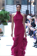 Nana Gotti Alara Burgundy Dress, elegant gown with flowing fabric and intricate detailing, perfect for formal occasions.