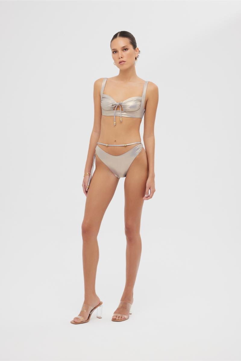 Shiny mocha Albina bikini set by Maliluha featuring a stylish two-piece design with adjustable straps and high-cut bottoms.