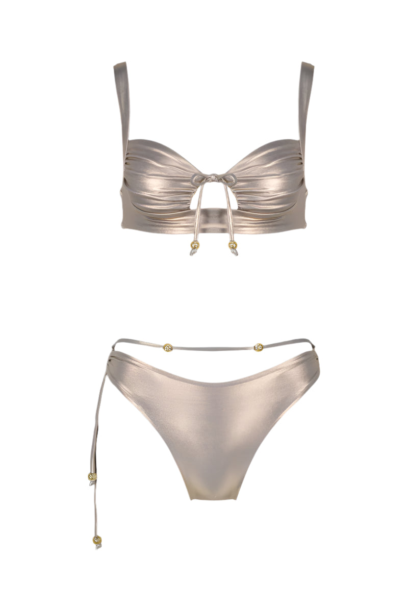 Maliluha Albina bikini set in shiny mocha with a sleek design, featuring a supportive top and matching bottoms.