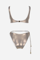 Shiny mocha Albina bikini set by Maliluha featuring a stylish two-piece swimwear design on a model.