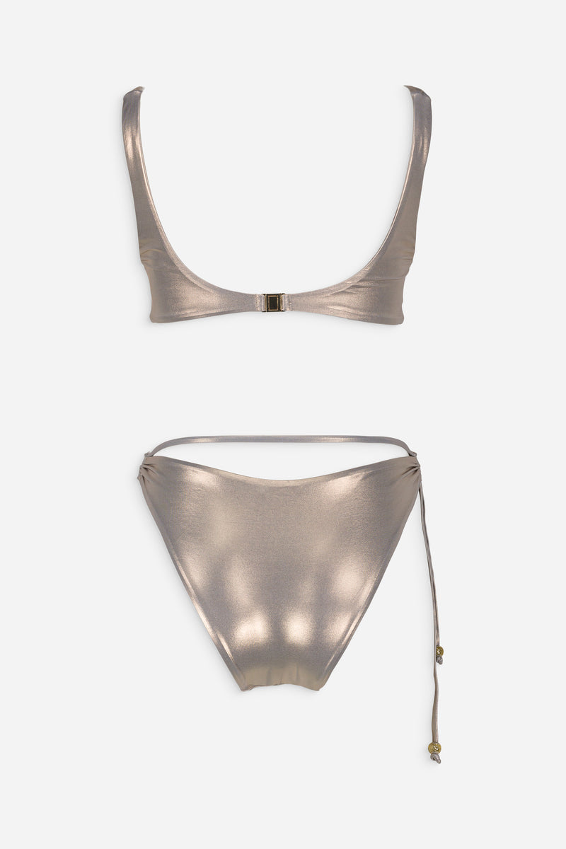 Shiny mocha Albina bikini set by Maliluha featuring a stylish two-piece swimwear design on a model.