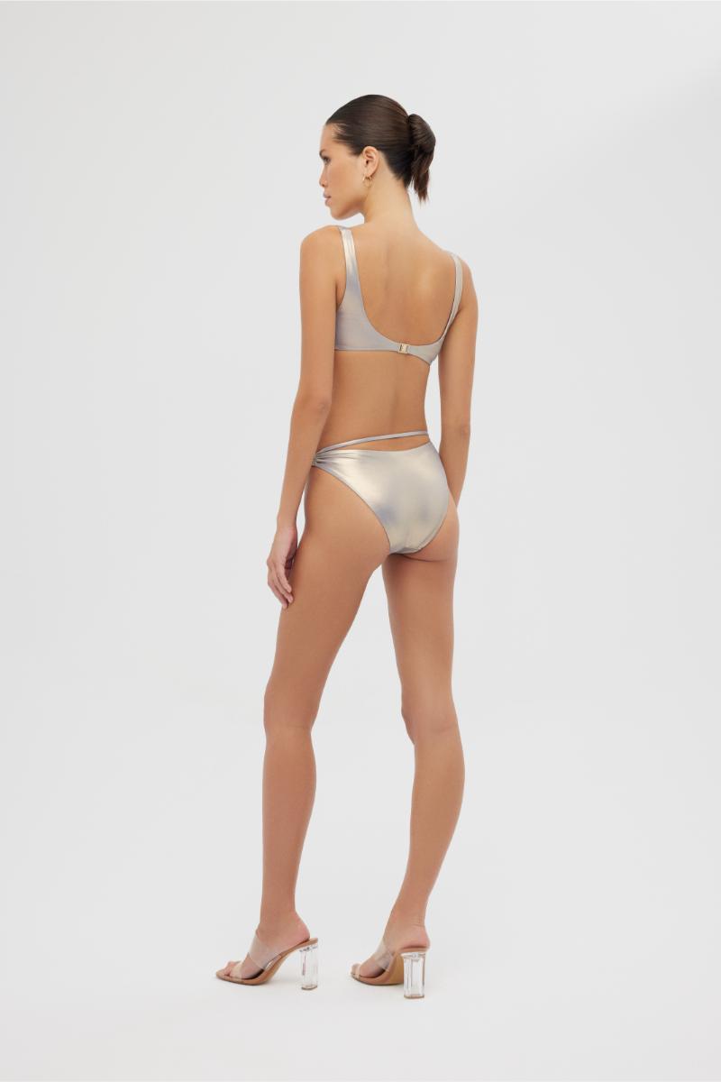 Shiny mocha Albina bikini set by Maliluha featuring a stylish two-piece design with adjustable straps and a sleek finish.