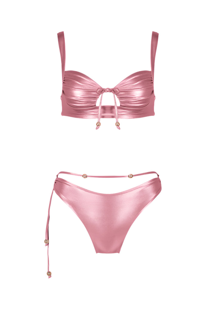 Shiny pink Albina bikini set by Maliluha featuring a stylish two-piece design perfect for beachwear.