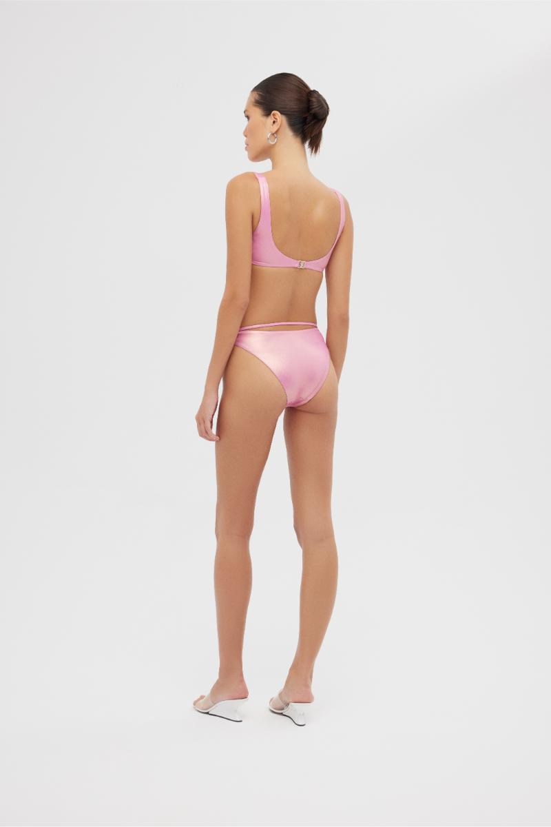 Shiny pink Albina bikini set by Maliluha featuring a stylish two-piece swimwear with adjustable straps and a flattering fit.