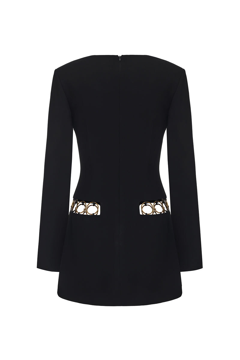 Black Alejandra mini dress by Nana Jacqueline featuring a ring cutout design, shown from the back.