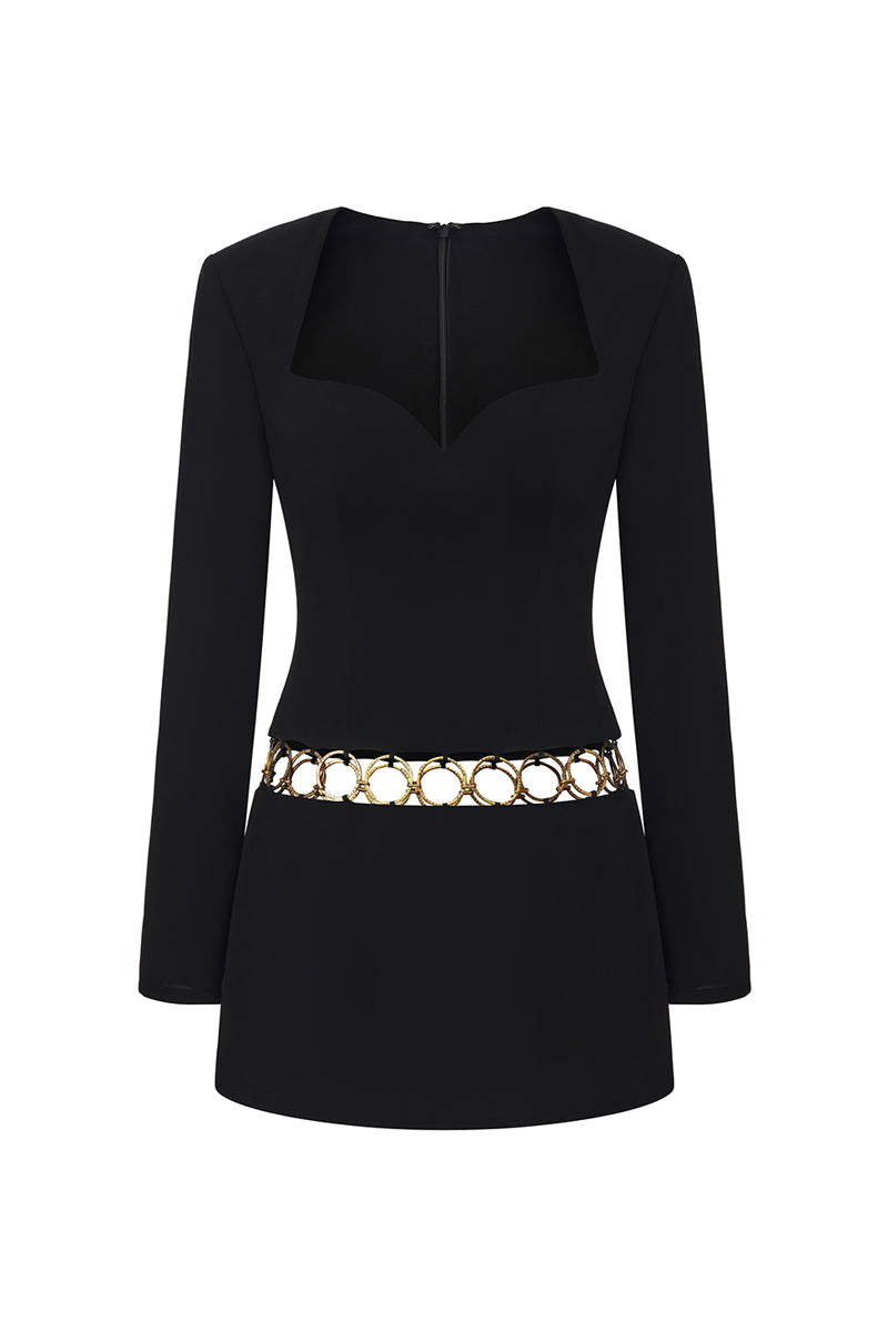 Black Alejandra dress by Nana Jacqueline, a stylish mini dress with a ring cutout design, shown from the front.
