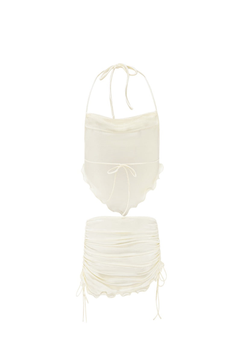 Suncillo Alessia white pearl co-ords set featuring a stylish top and matching trousers, elegant and perfect for sophisticated looks.