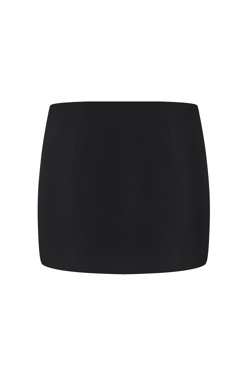 Black Alina mini skirt by Nana Jacqueline, straight style, shown from the back view.