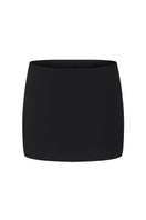 Black Alina mini skirt by Nana Jacqueline, featuring a sleek, straight design and front view.