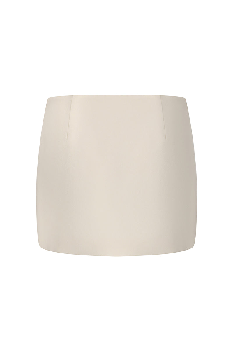Nana Jacqueline Alina mini skirt in champagne color, straight fit, shown from the back with a smooth, elegant design.