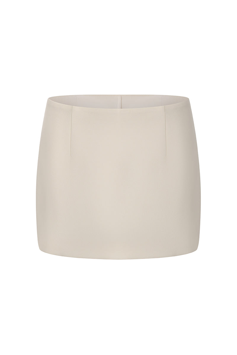 Nana Jacqueline Alina Champagne mini skirt with straight fit, shown from the front in a soft champagne color.