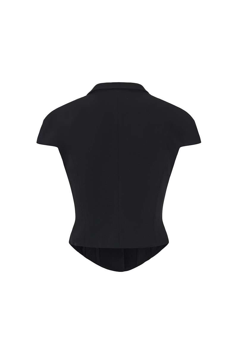Black Alina top by Nana Jacqueline featuring waist-cinched design, shown from the back. Elegant, fitted women's fashion top.