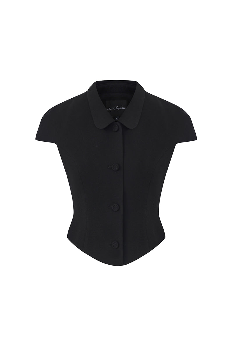 Black Alina top by Nana Jacqueline featuring a fitted waist cinch and front view, showcasing stylish design and tailoring.