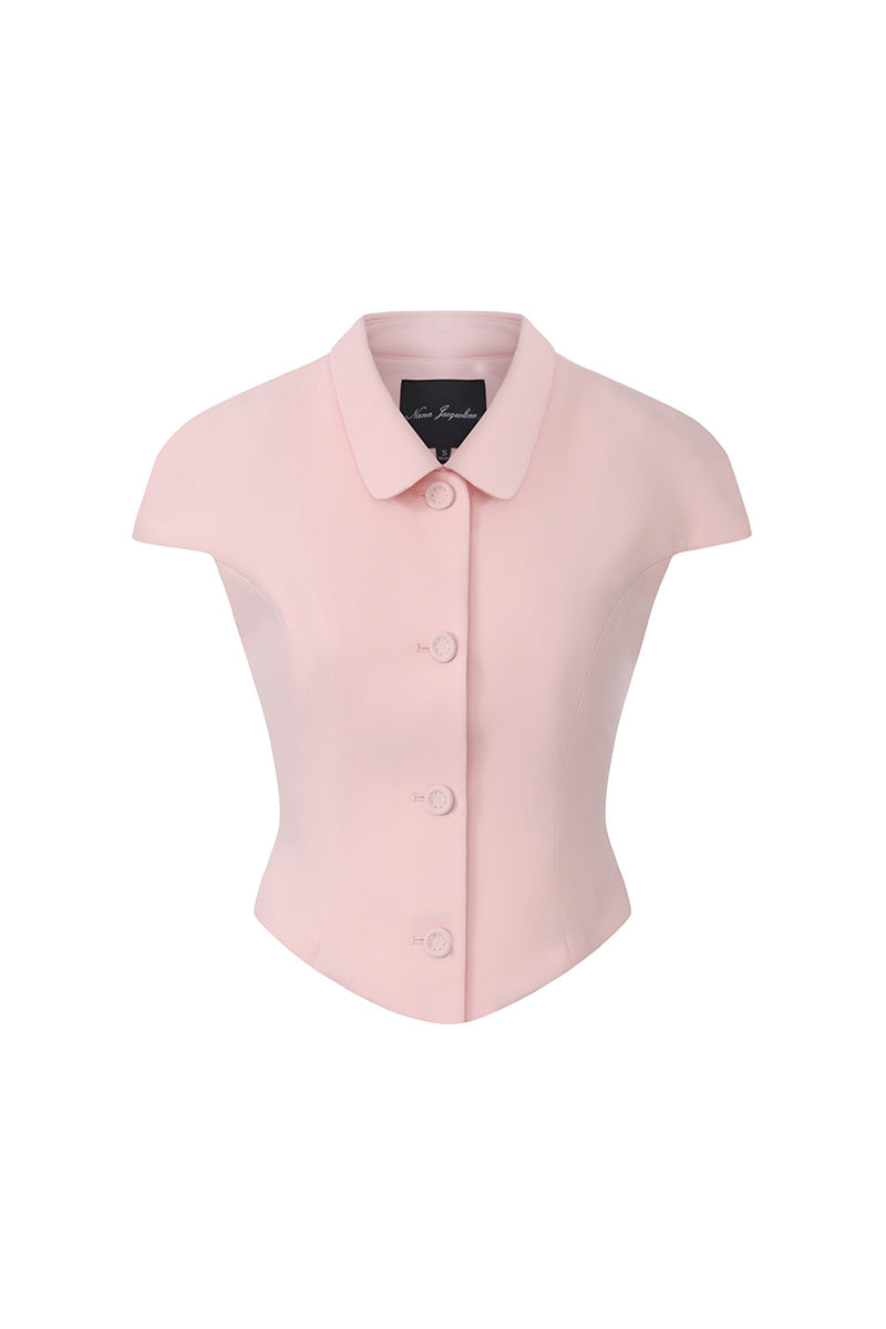 Pink Nana Jacqueline Alina top with waist-cinched design, front view showing stylish and fitted silhouette.