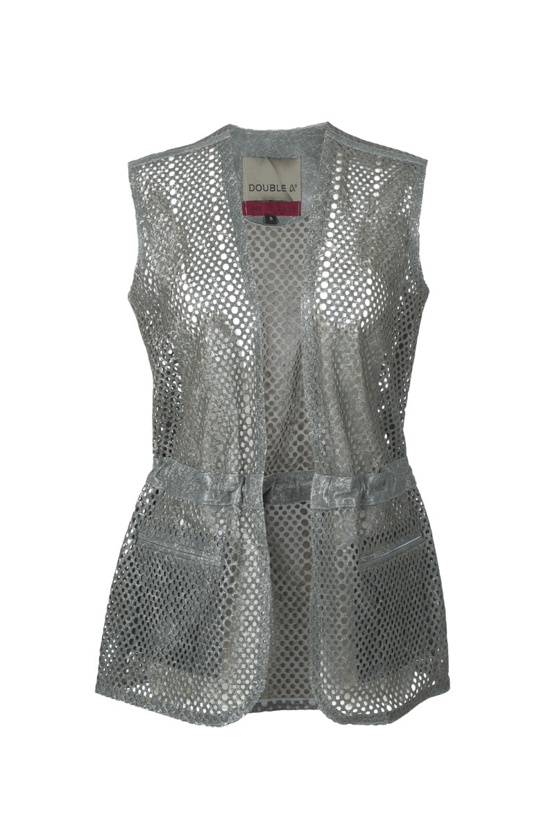Gray leather vest from Double A's Alina collection, featuring a stylish and fitted design perfect for casual and chic outfits.