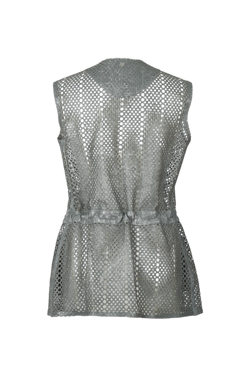 Gray leather vest by Double A featuring a stylish, fitted design with sleek details, perfect for layered fashion looks.