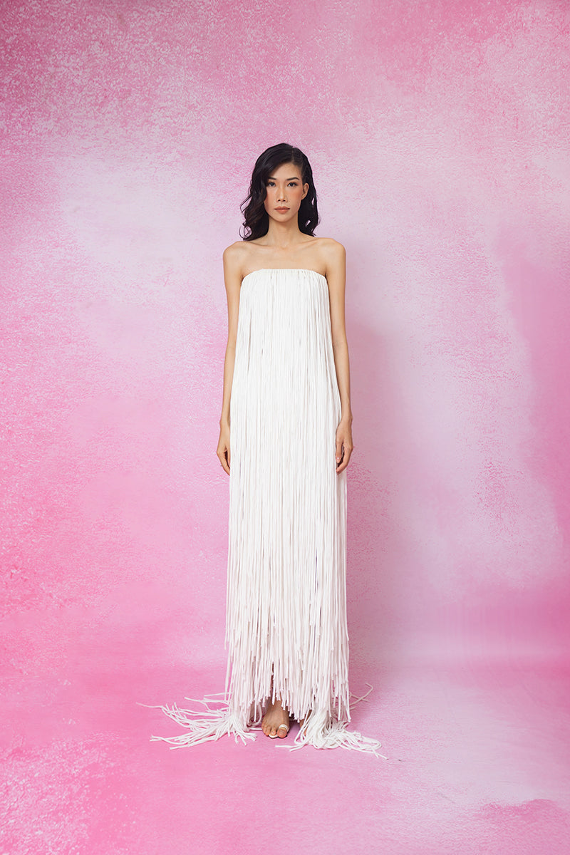 ALL OVER FRINGED MAXI DRESS IN WHITE